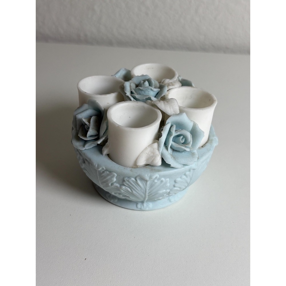 Vintage Blue Rose Porcelain Lipstick Holder 4 Slot Vanity Organizer